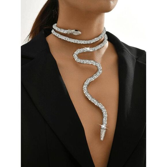 ✨💎🐍 Snake Rhinestone Bendable Design Blingy Statement Open Choker Necklace NEW - Picture 3 of 16